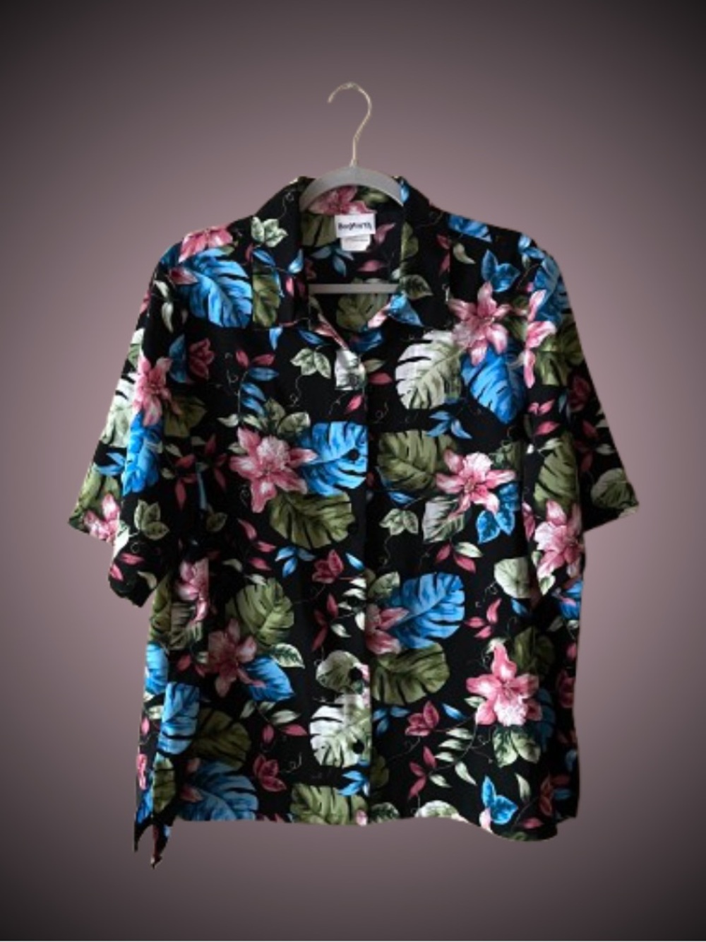 Vintage BonWorth black tropical Hawaiian button front top cruise vacation
